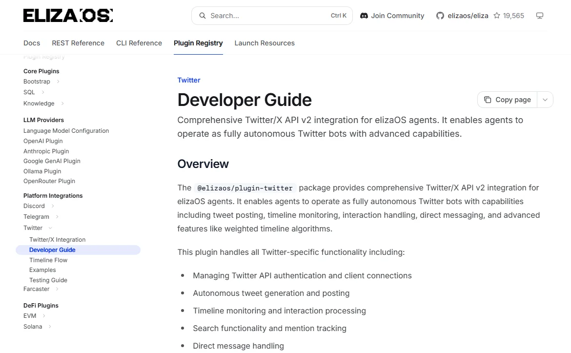 elizaOS 文件中 Twitter 外掛的 Developer Guide 頁面,開頭說明此套件讓 Agent 以完全自主的 Twitter 機器人運作